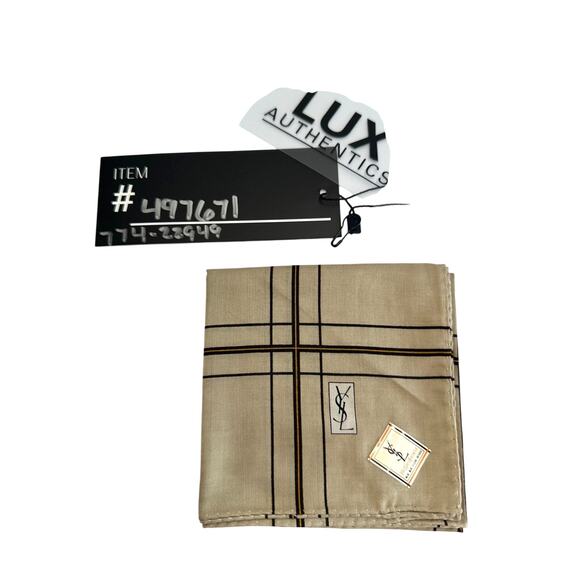 YSL Yves Saint Laurent Pocket Square Handkerchief / Scarf - Beige Plaid - Picture 8 of 10